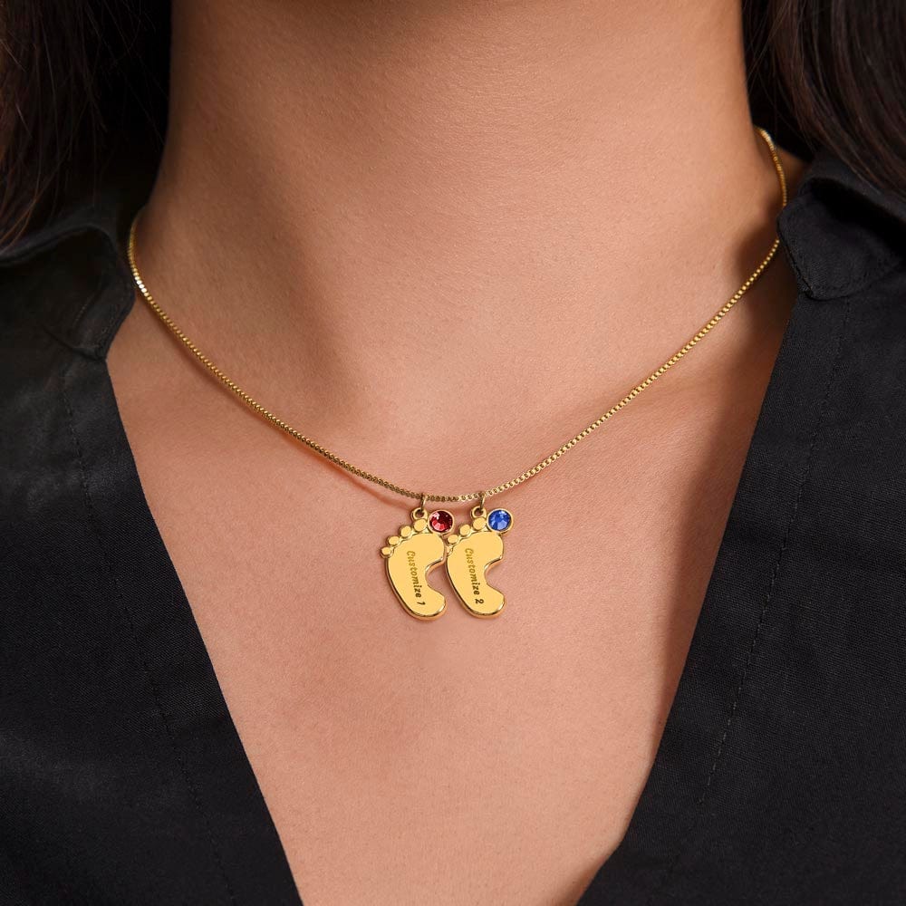 To My Loving Mom Gift Necklace with Message Card, Engraved Baby Feet with Birthstone