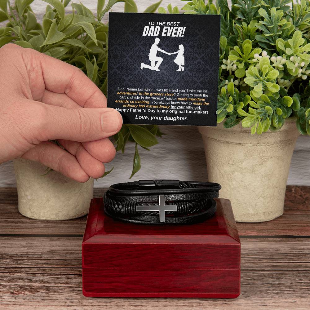 To The Best Dad Ever Men's Cross Leather Bracelet