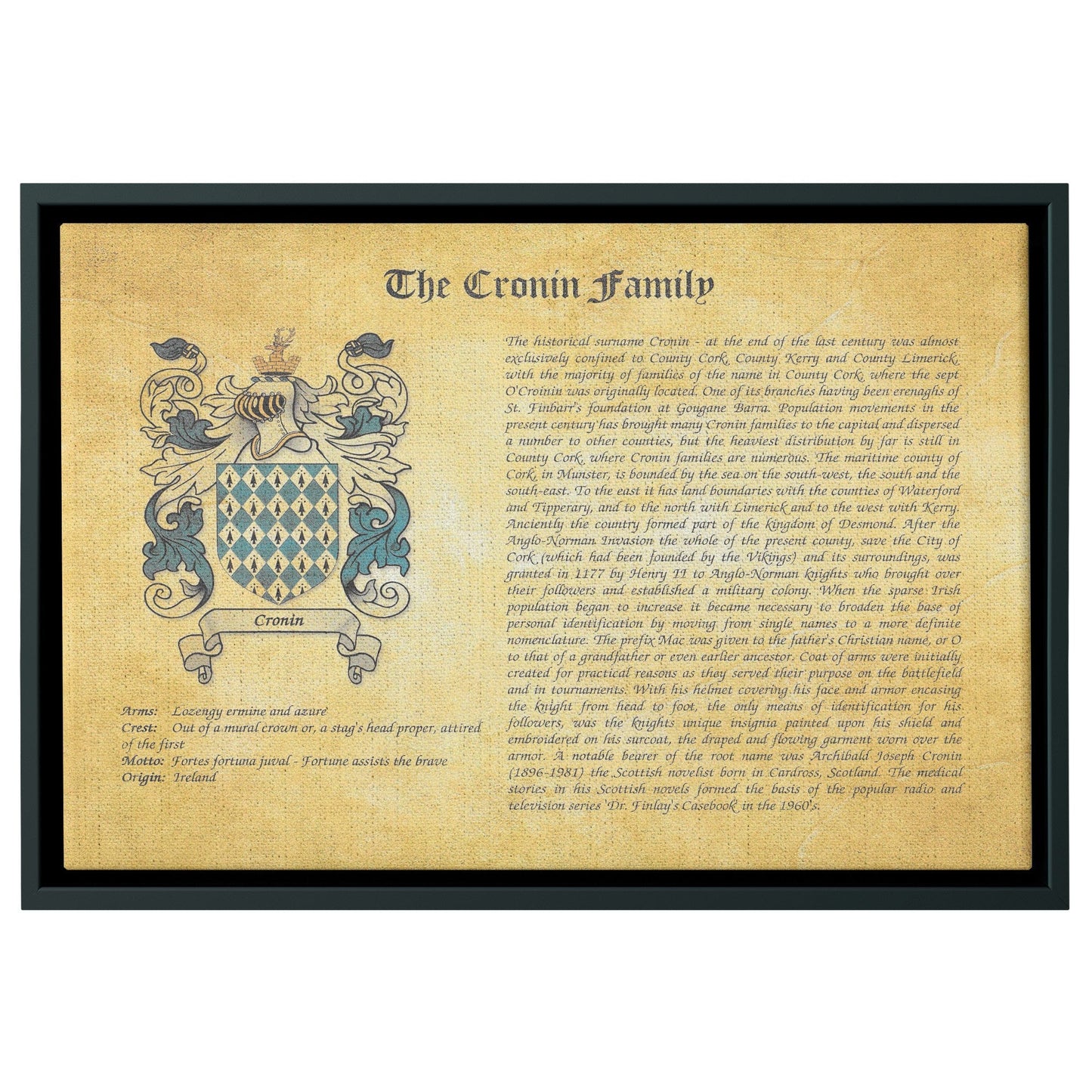 Family History and Coat of Arms Framed Canvas Print