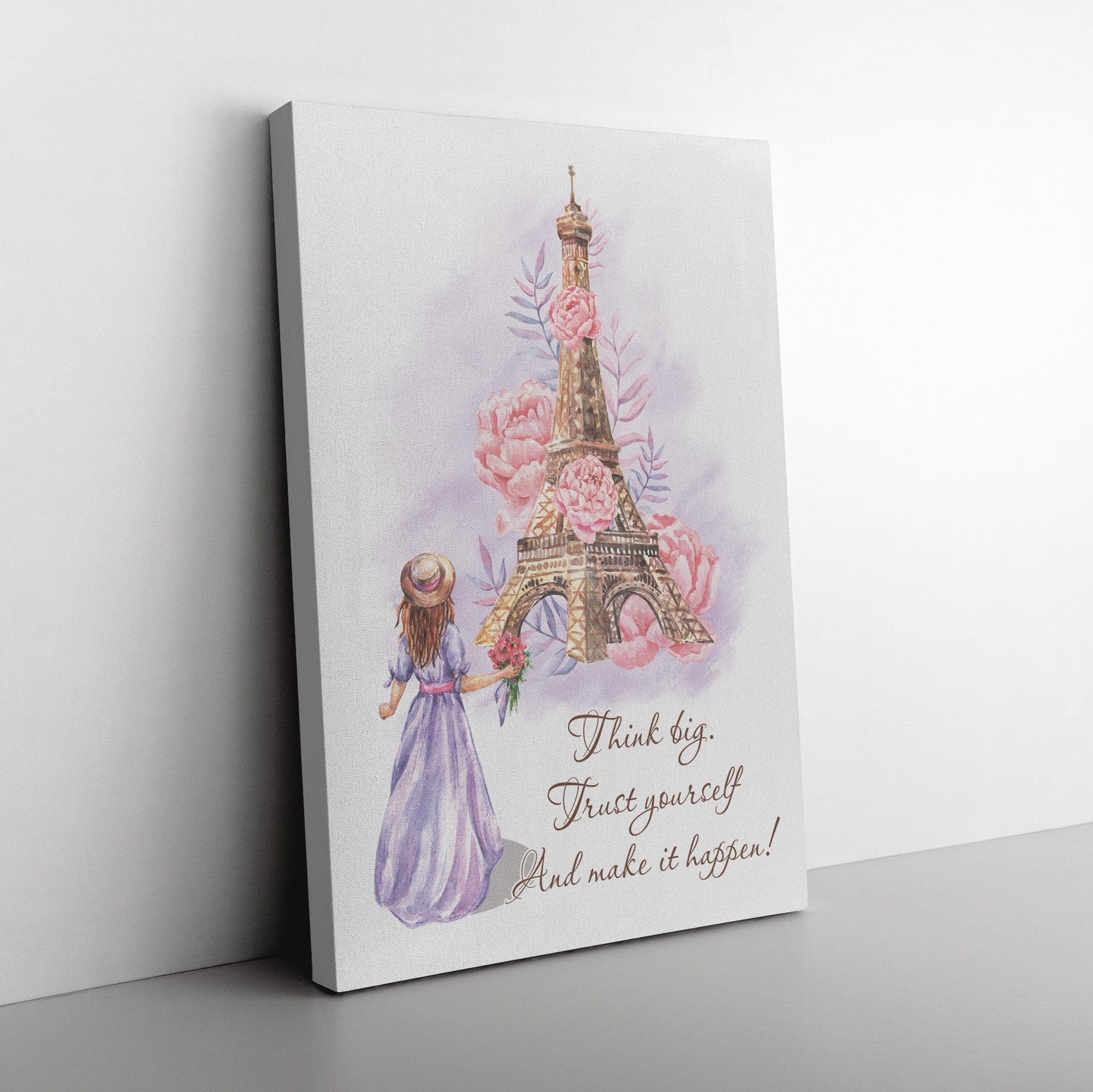 Girl With Flowers at Eiffel Tower Canvas Wall Art