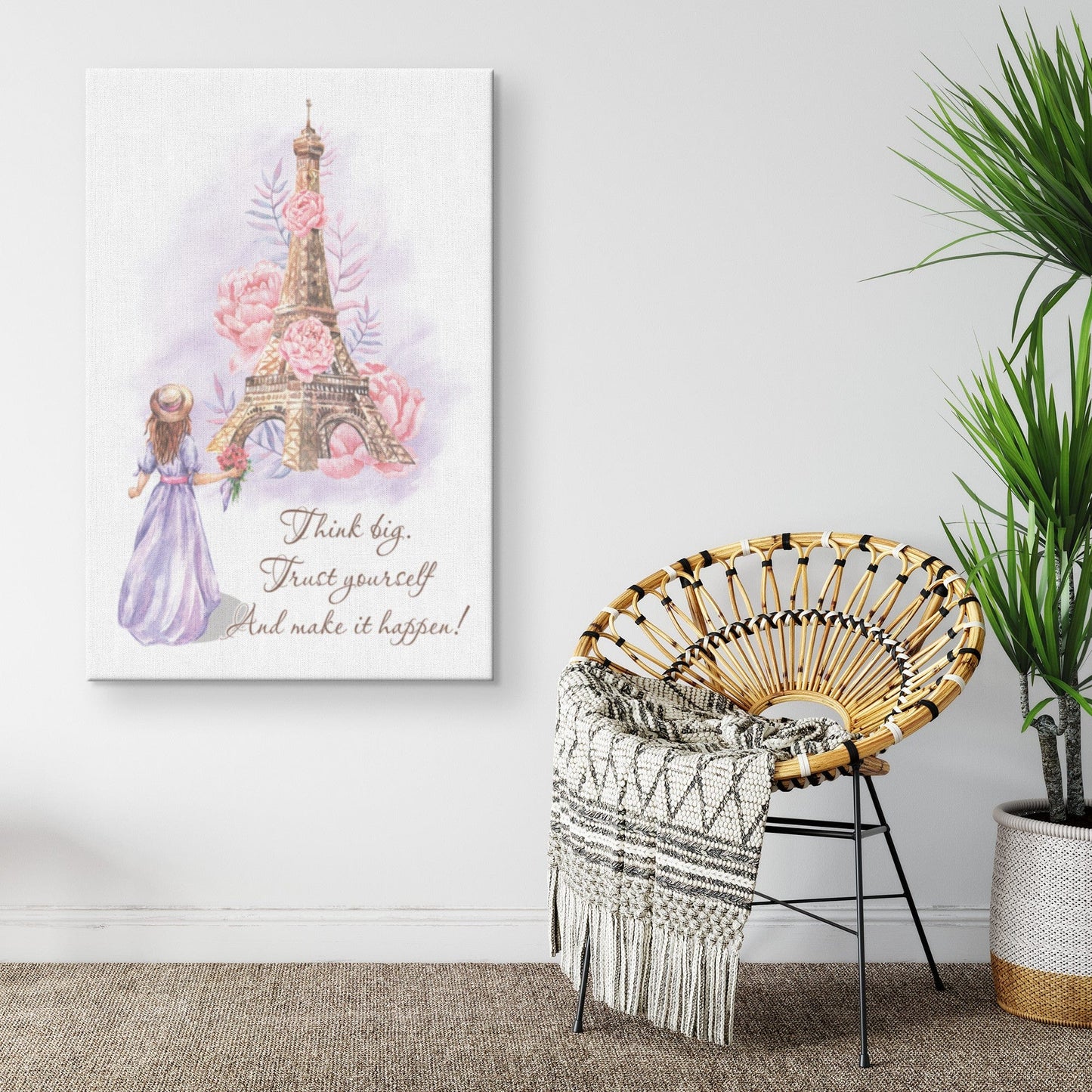 Girl With Flowers at Eiffel Tower Canvas Wall Art