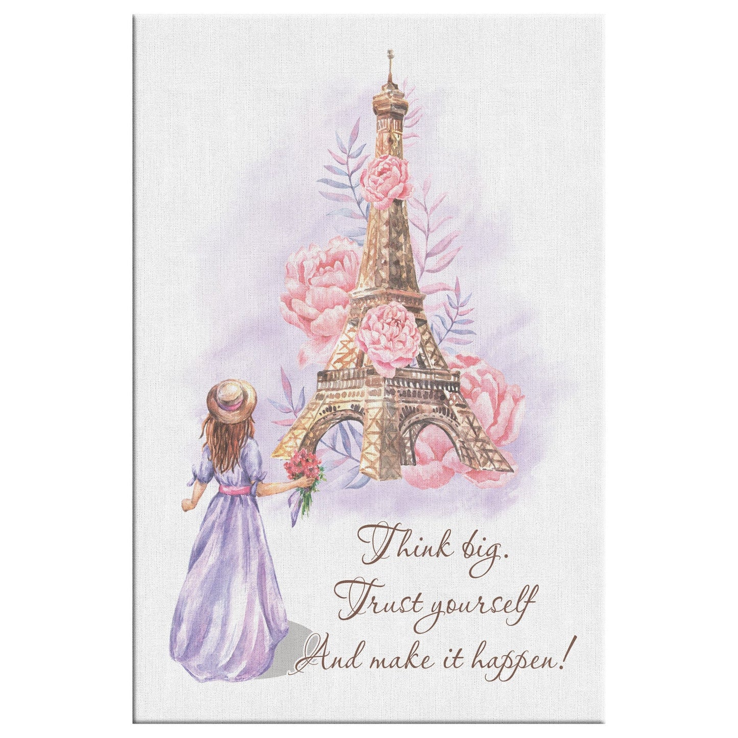 Girl With Flowers at Eiffel Tower Canvas Wall Art