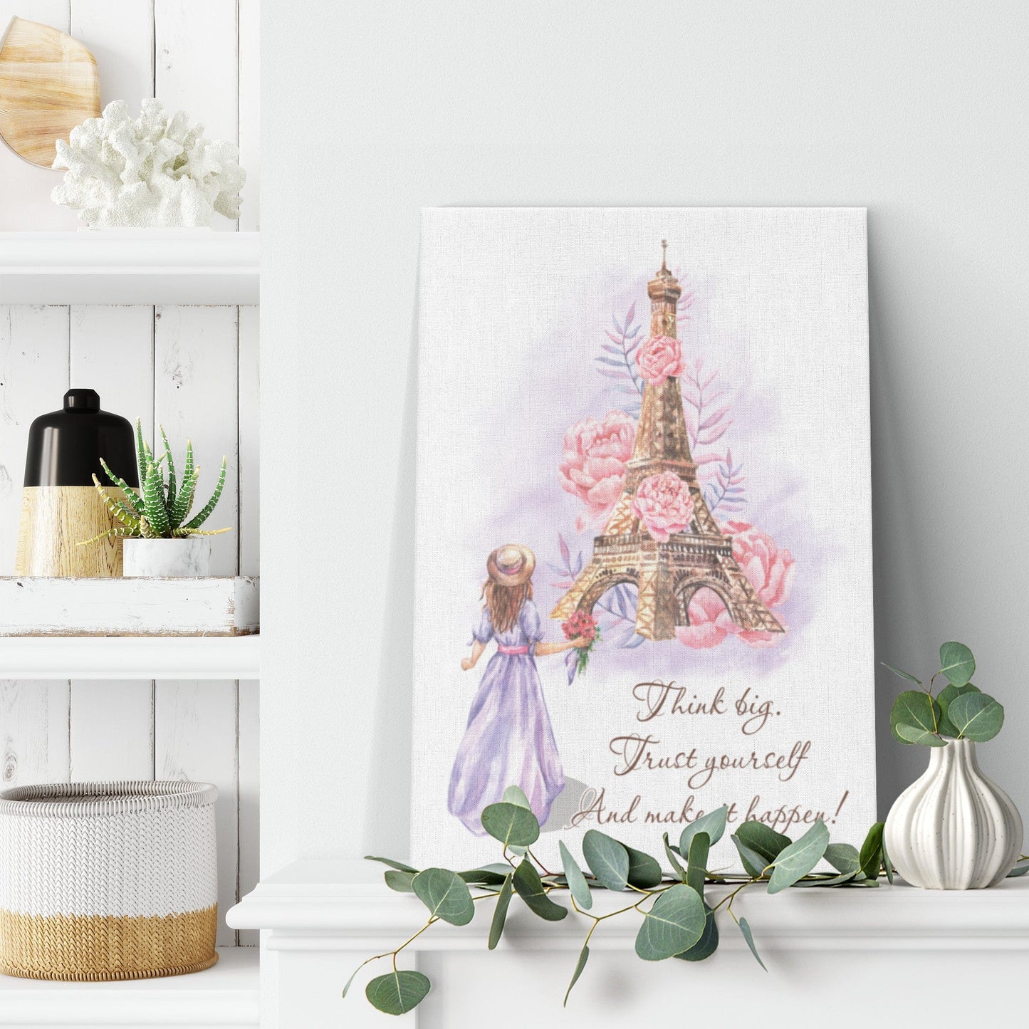 Girl With Flowers at Eiffel Tower Canvas Wall Art