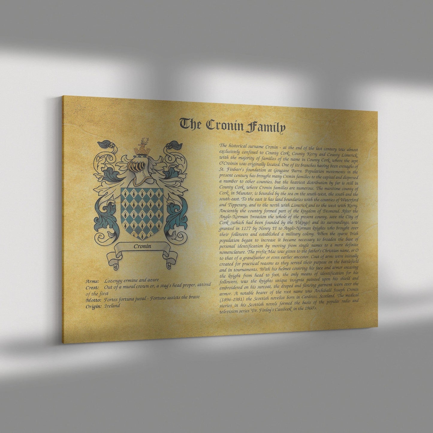 Personalized Coat of Arms and Family History on Canvas Gallery Wrap