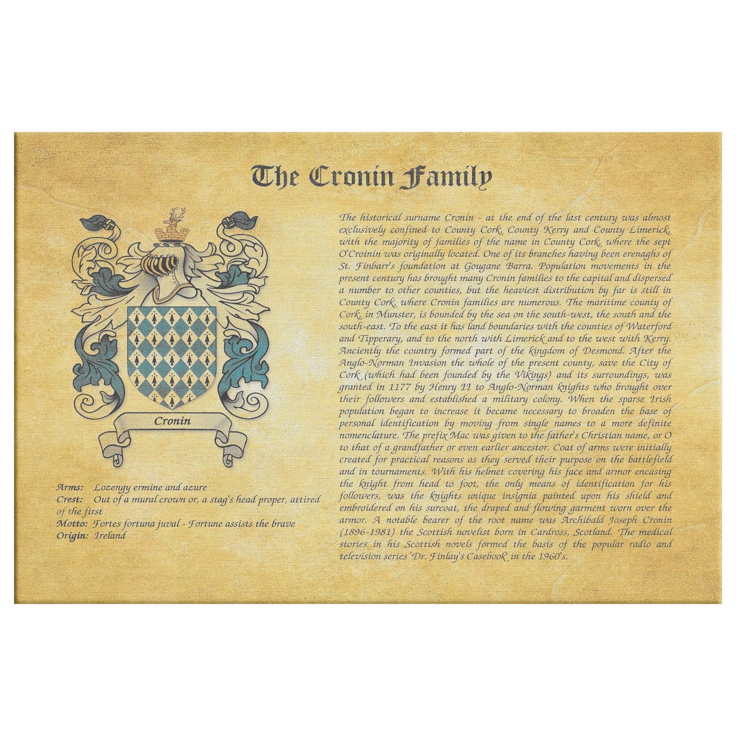 Personalized Coat of Arms and Family History on Canvas Gallery Wrap