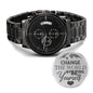 Watch for Son / Change the World By Being Yourself / Engraved Message Watch / Engraved Design Black Chronograph Watch