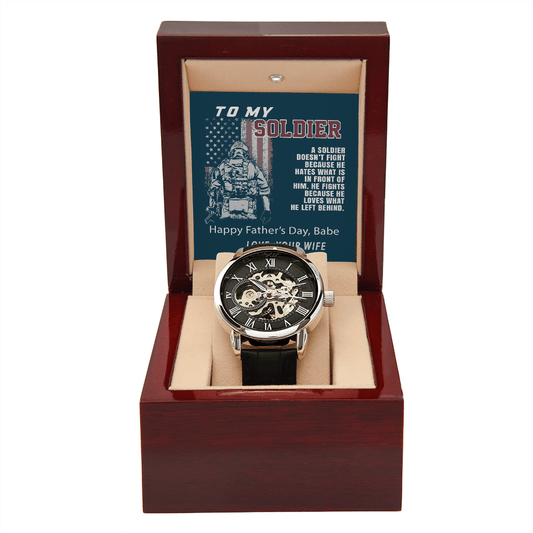 To My Soldier Watch with Message Card, Openwork Watch for Soldier Dad, Father's Day Gift for Military Dad, Father's Day Gift Watch from Wife