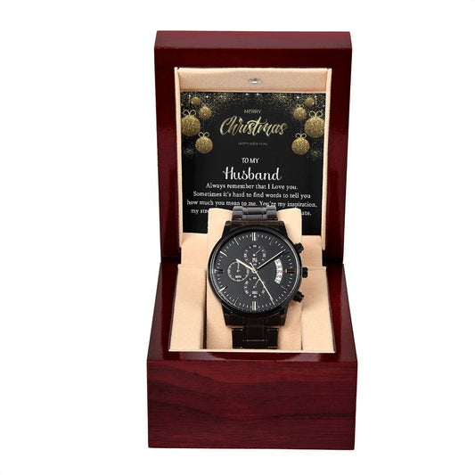 To My Husband Gift Watch with Christmas Message /  Black Chronograph Watch for Husband