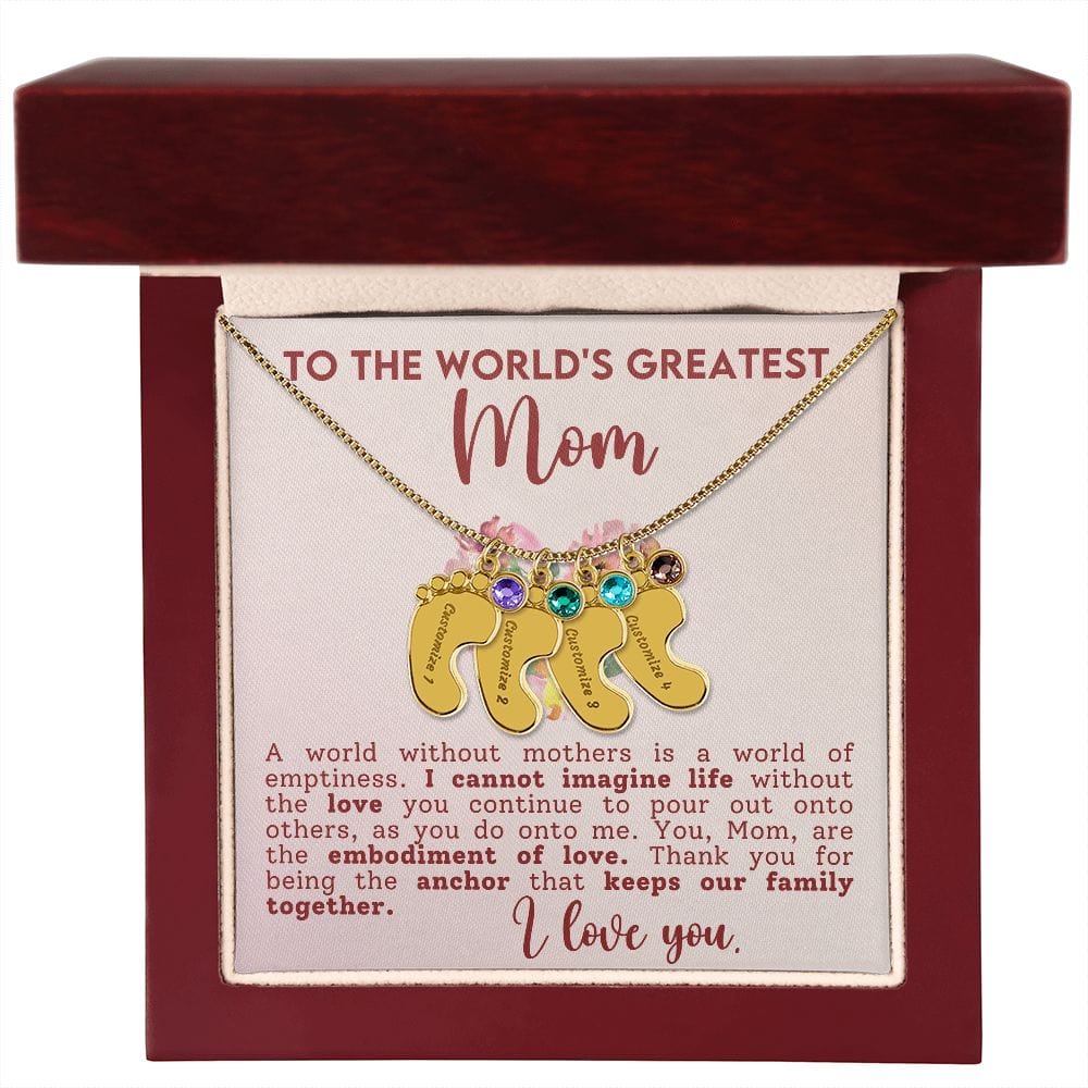 ToThe World's Greatest Mom Gift Necklace, Custom Baby Feet Necklace with Birthstone