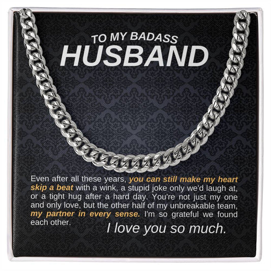 To My Badass Husband Cuban Link Chain Necklace w/Message Card