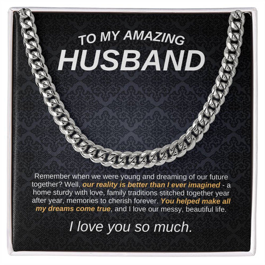 To My Amazing Husband Cuban Link Chain Necklace w/Message Card