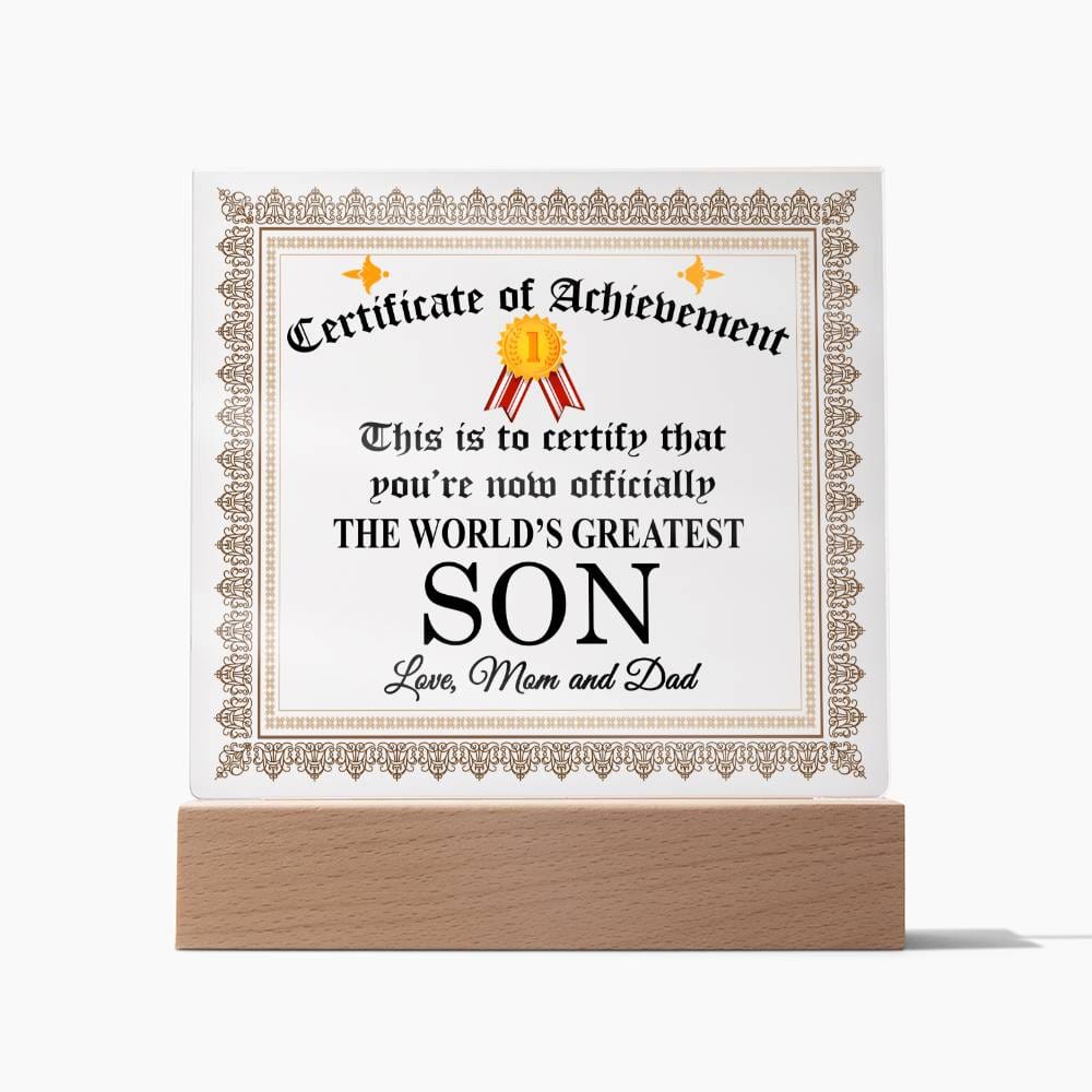 World's Greatest Son Gift Plaque with Certificate of Achievement Message