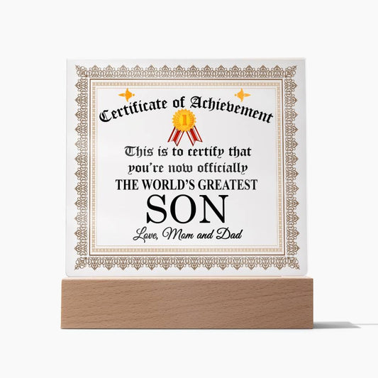 World's Greatest Son Gift Plaque with Certificate of Achievement Message
