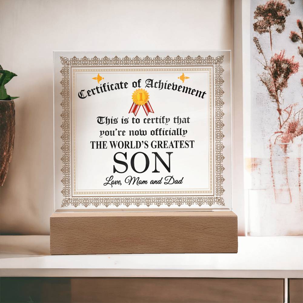 World's Greatest Son Gift Plaque with Certificate of Achievement Message