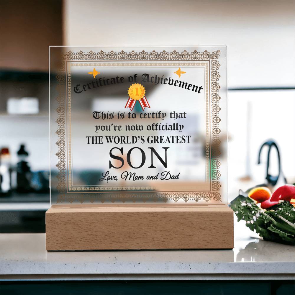 World's Greatest Son Gift Plaque with Certificate of Achievement Message