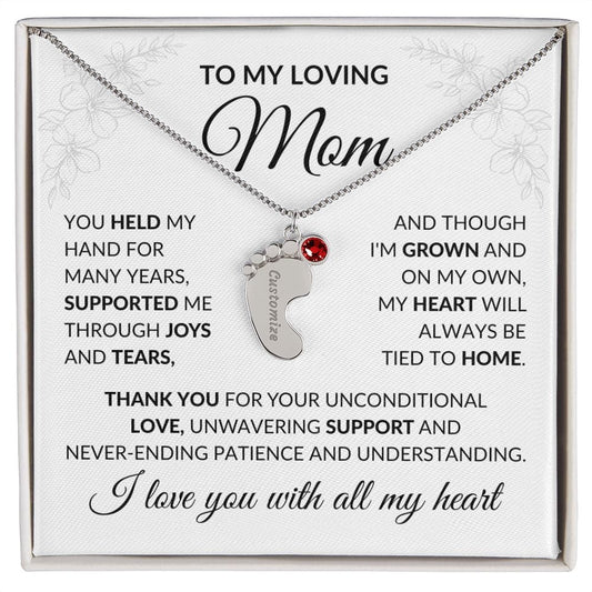 To My Loving Mom Gift Necklace with Message Card, Engraved Baby Feet with Birthstone