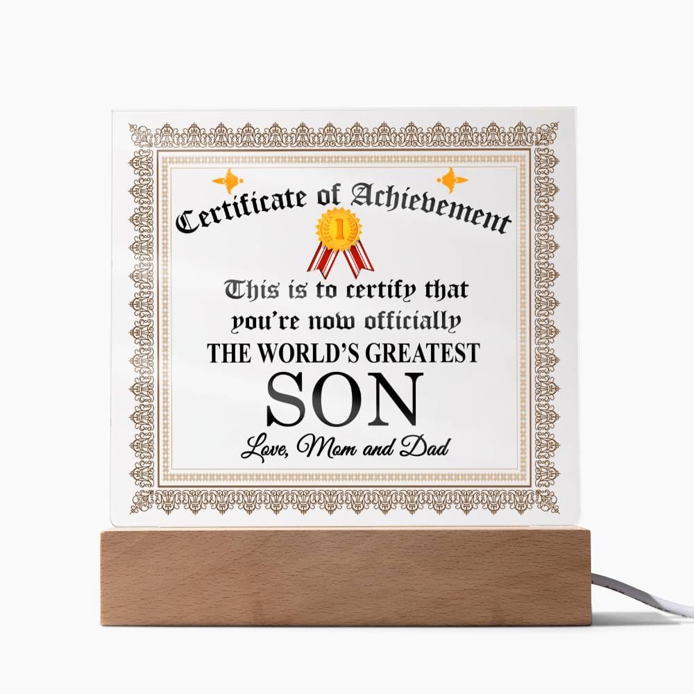 World's Greatest Son Gift Plaque with Certificate of Achievement Message