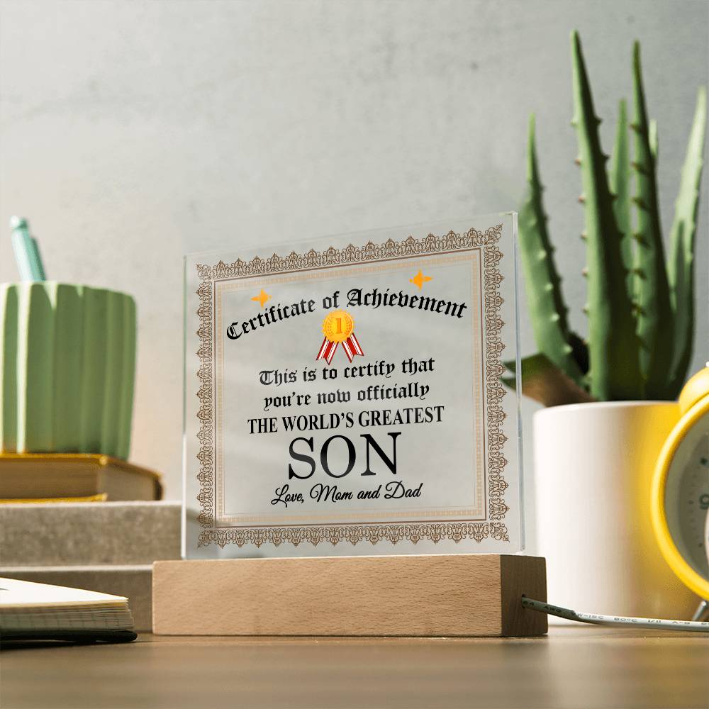 World's Greatest Son Gift Plaque with Certificate of Achievement Message