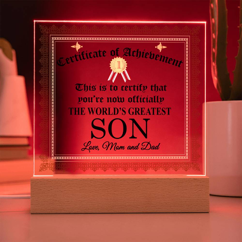 World's Greatest Son Gift Plaque with Certificate of Achievement Message