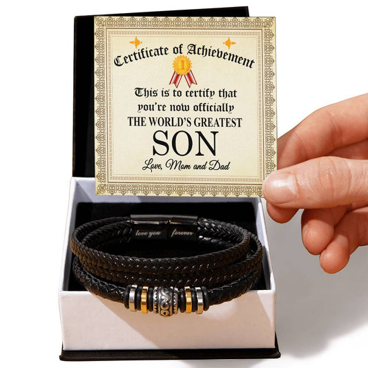 World's Greastest Son Braclet with Certificate of Appreciation Message Card