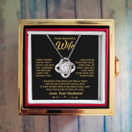 To My Beautiful Wife Love Knot Necklace with Rotating Rose Gift Box
