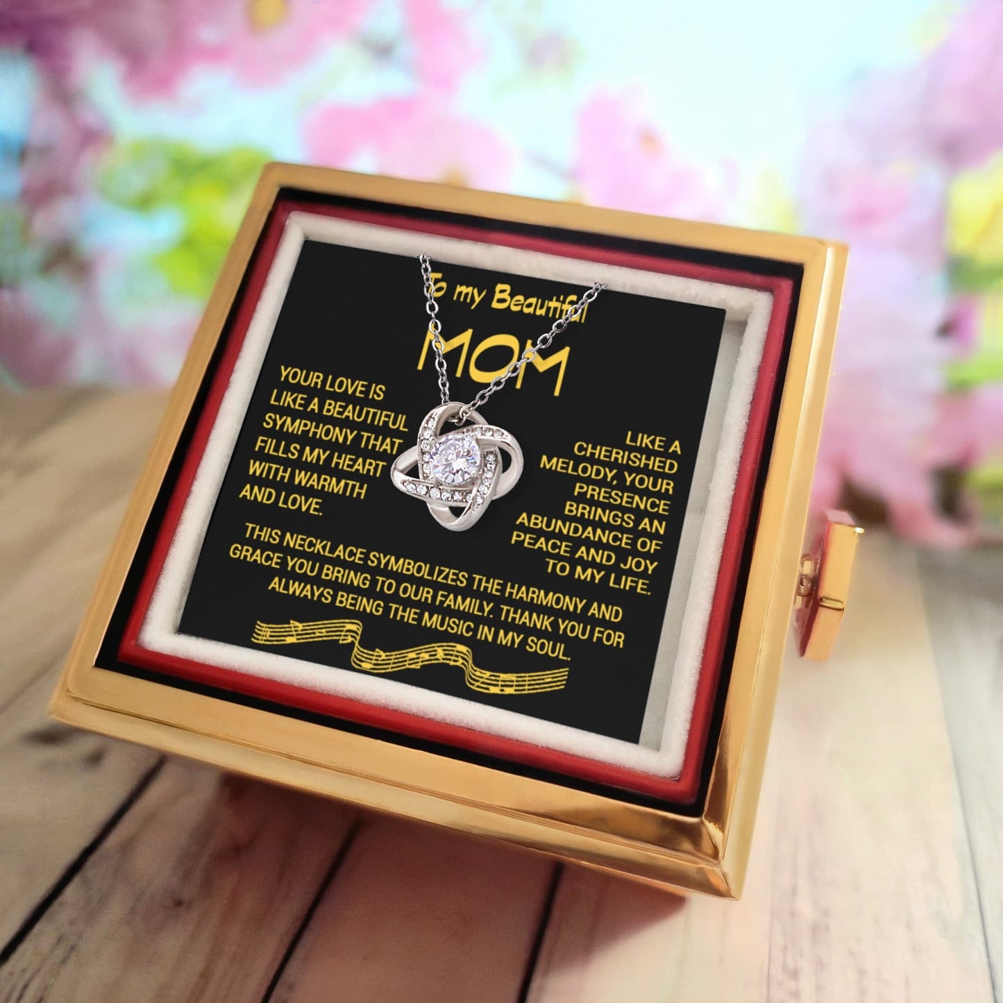 To My Beautiful Mom message card with Love Not Necklace with Rotating Rose Gift Box