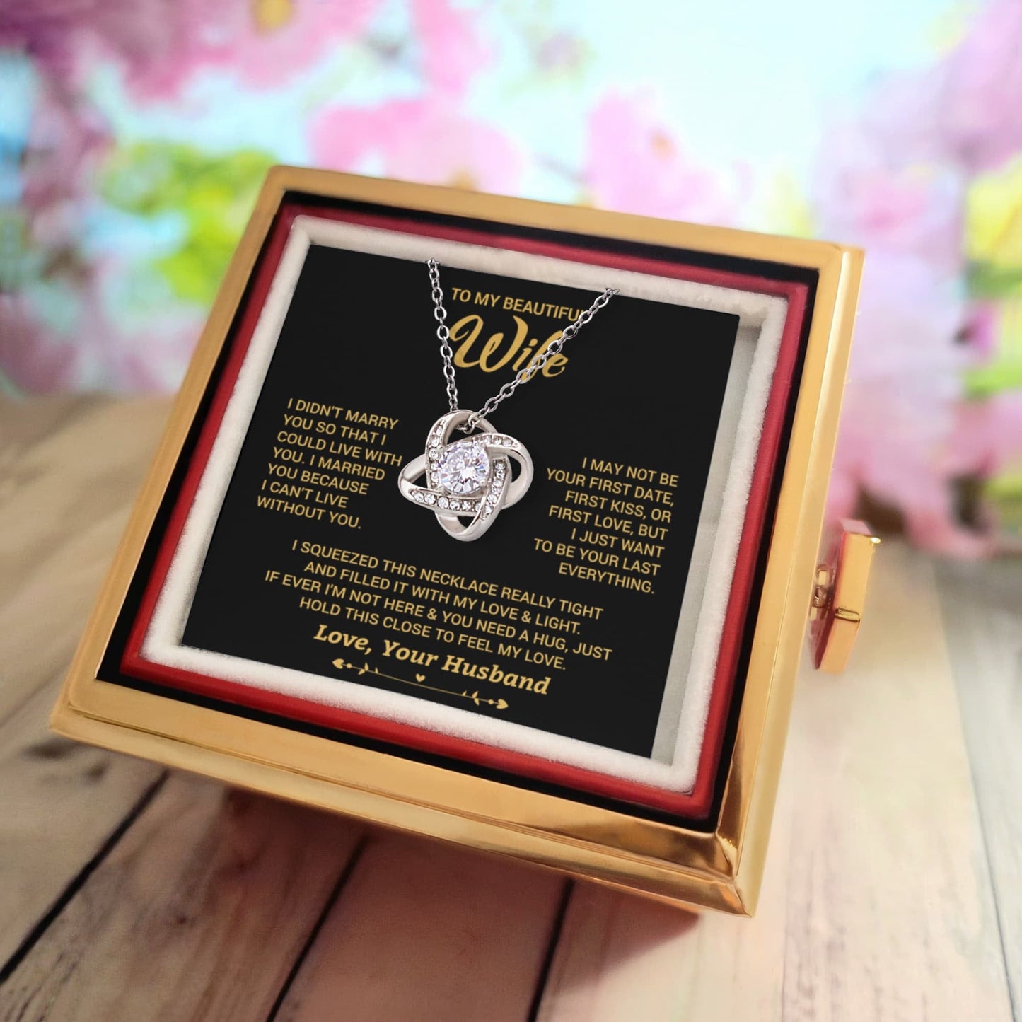 To My Beautiful Wife Love Knot Necklace with Rotating Rose Gift Box