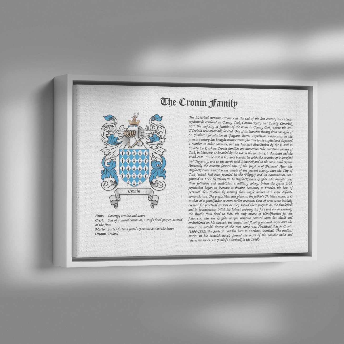 Coat of Arms Framed Canvas Wrap, Surname History with Coat of Arms