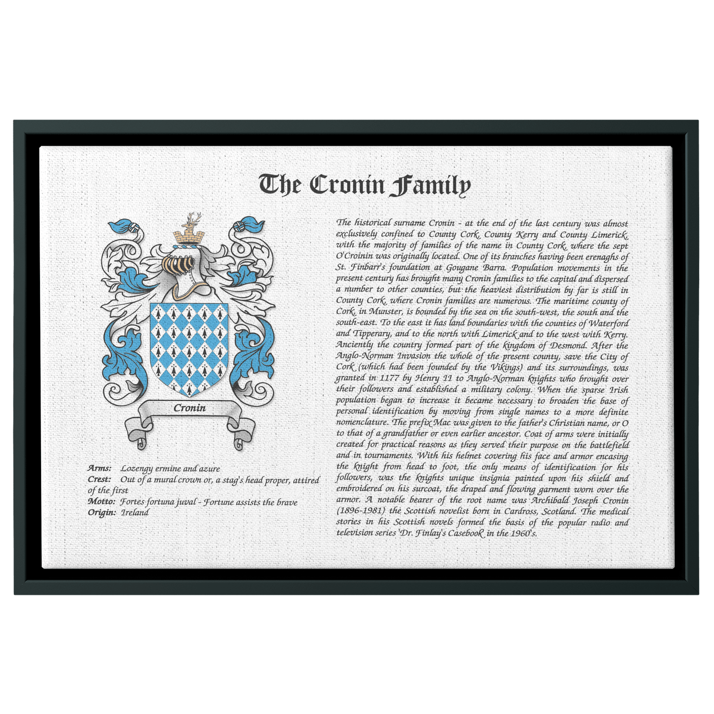 Coat of Arms Framed Canvas Wrap, Surname History with Coat of Arms