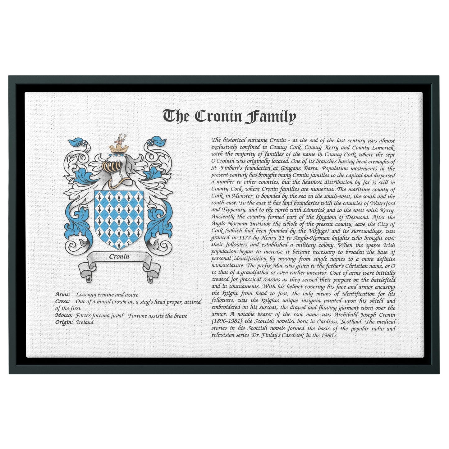 Coat of Arms Framed Canvas Wrap, Surname History with Coat of Arms