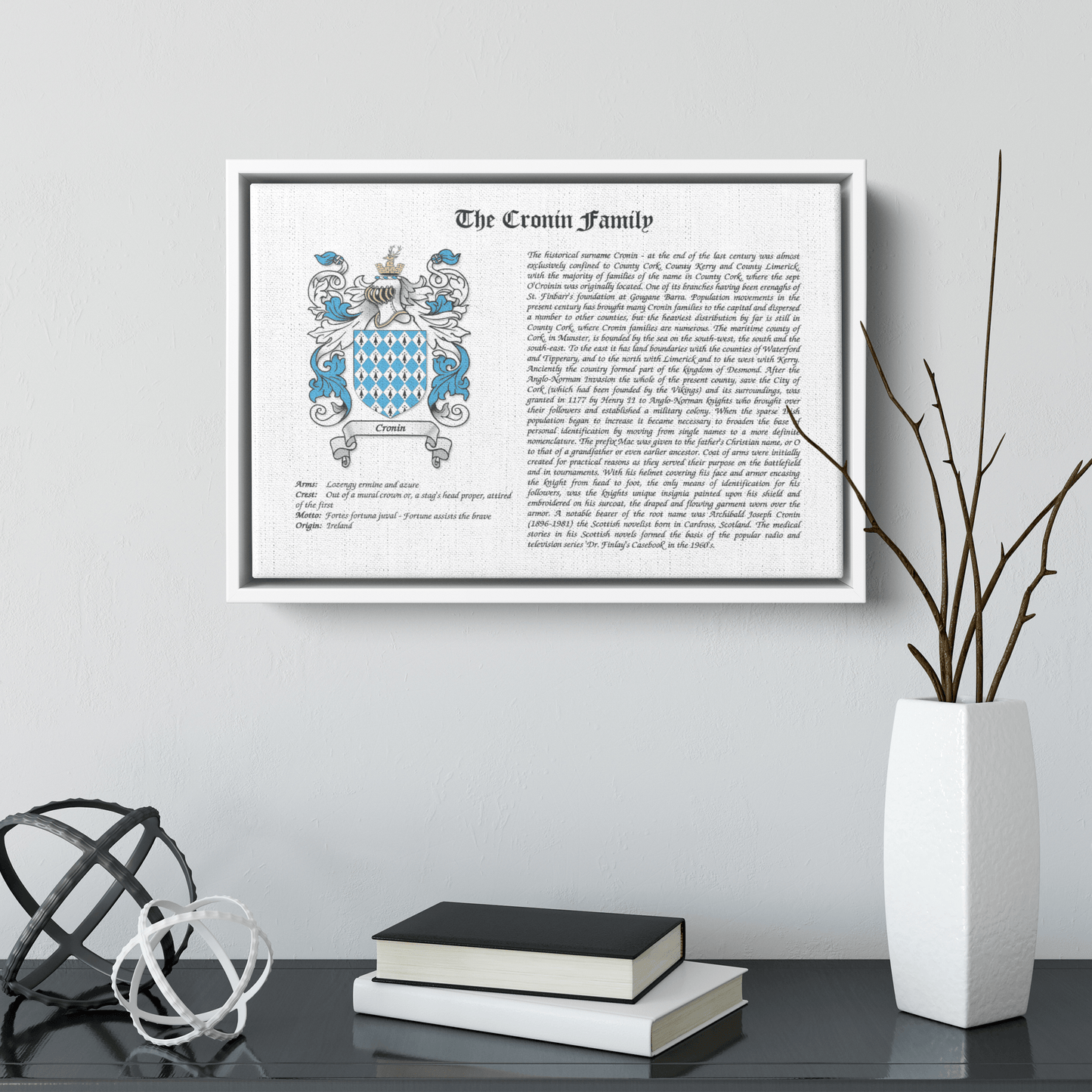 Coat of Arms Framed Canvas Wrap, Surname History with Coat of Arms