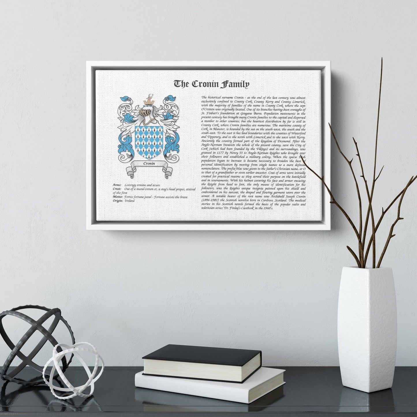 Coat of Arms Framed Canvas Wrap, Surname History with Coat of Arms