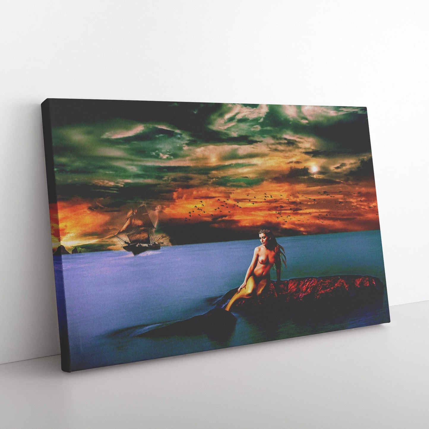 Mermaid Sitting on Rock Canvas Wall Art