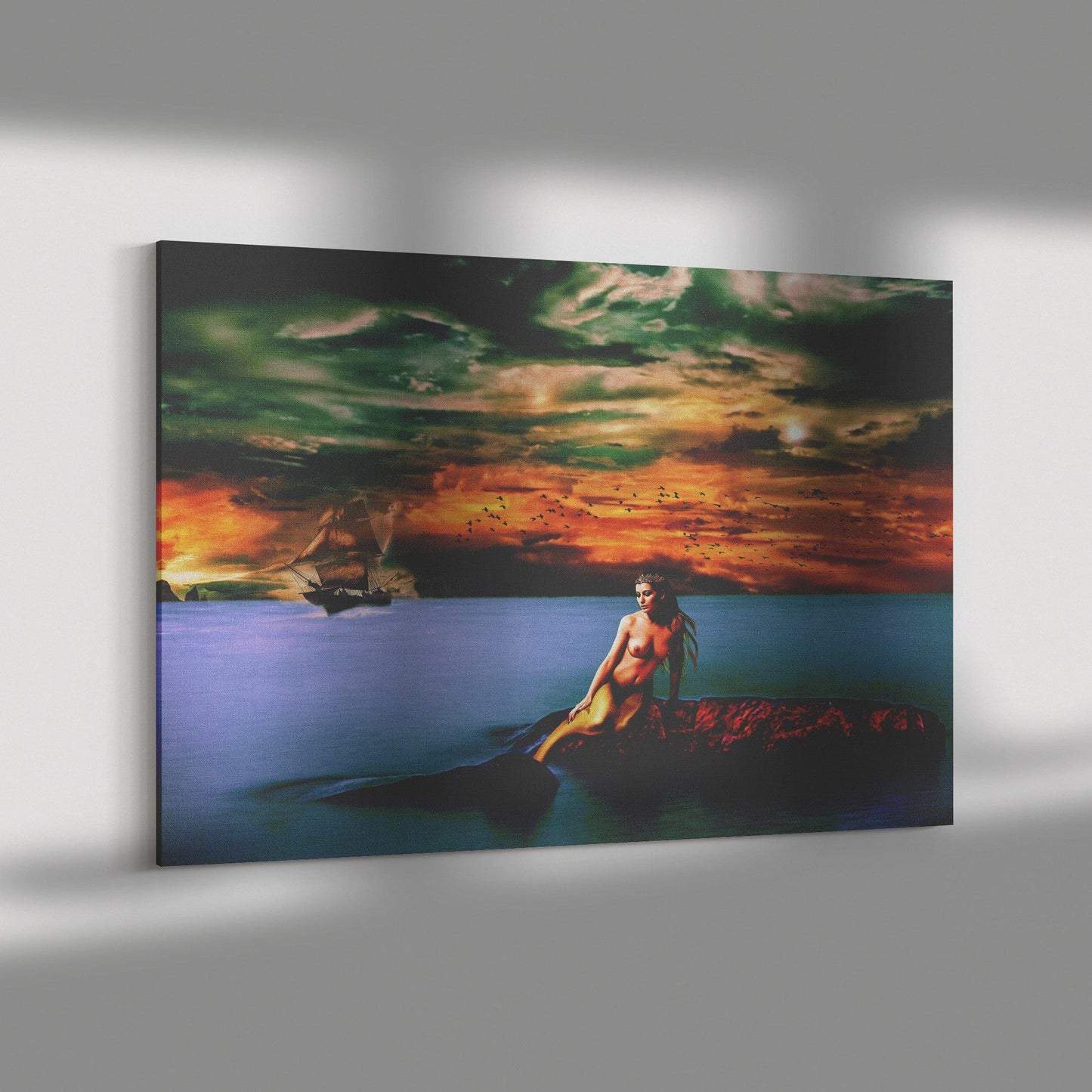Mermaid Sitting on Rock Canvas Wall Art