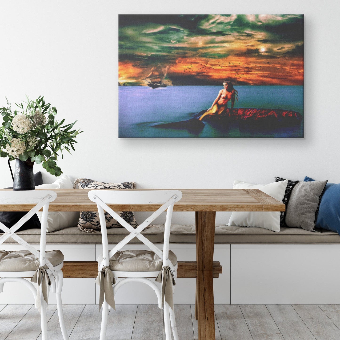 Mermaid Sitting on Rock Canvas Wall Art