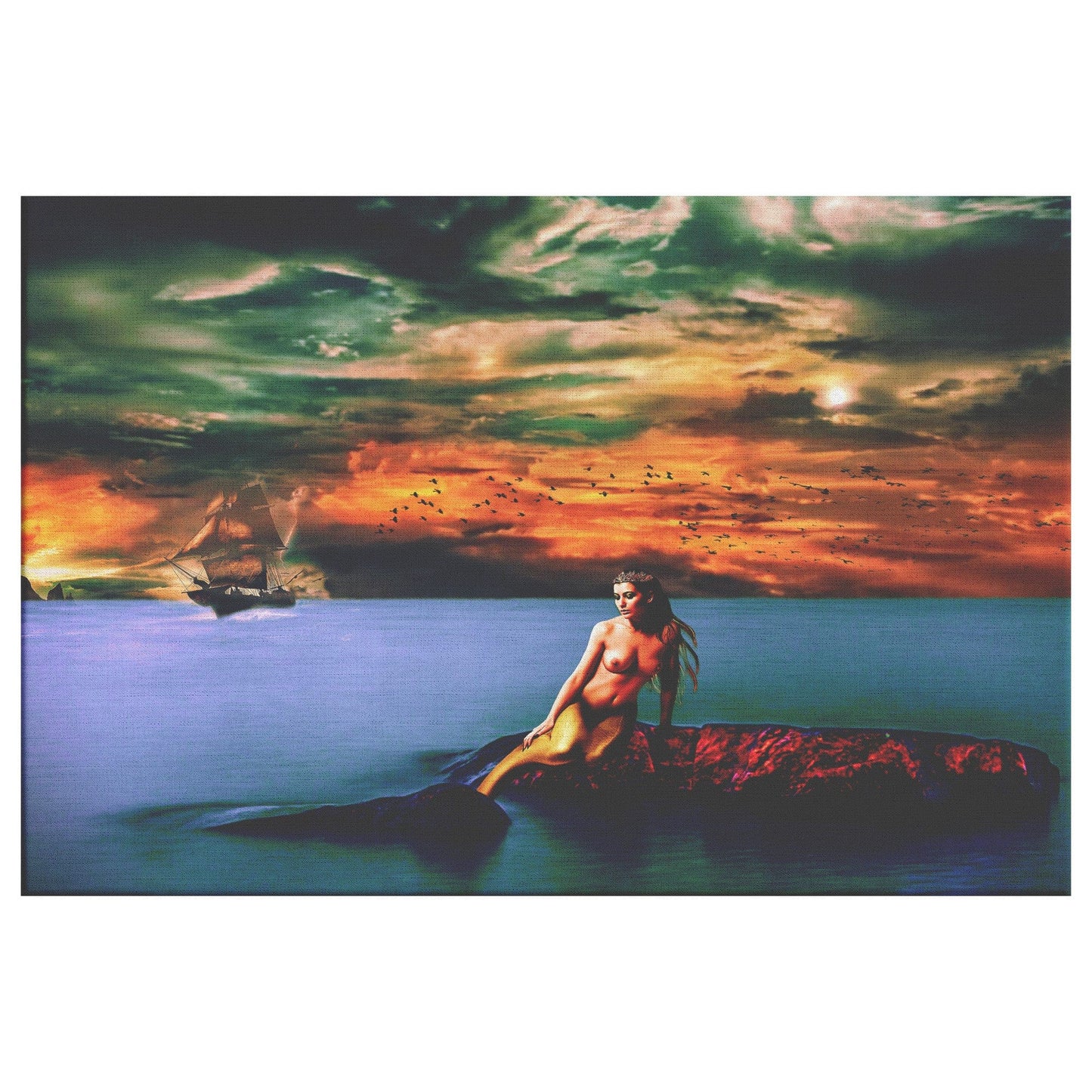 Mermaid Sitting on Rock Canvas Wall Art