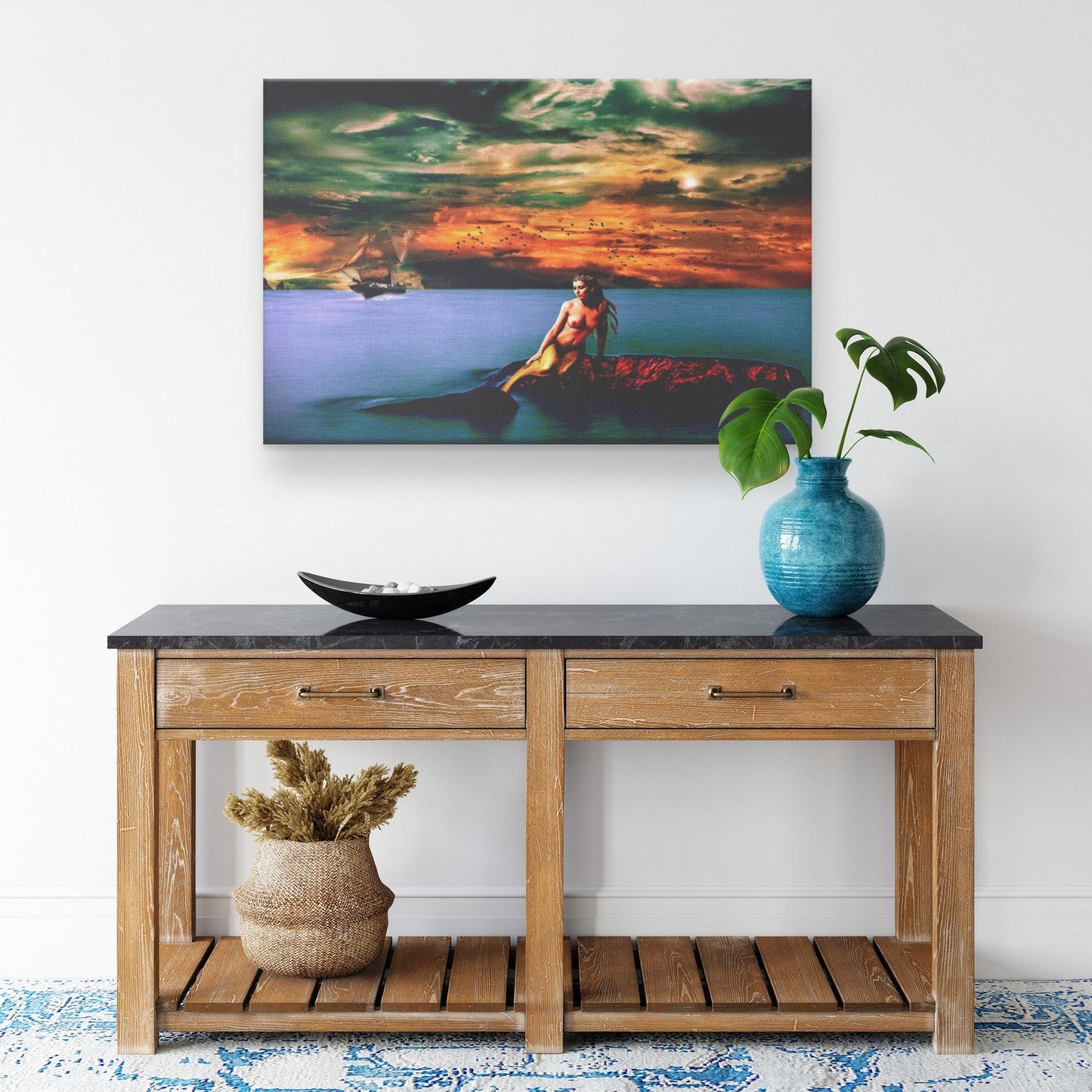 Mermaid Sitting on Rock Canvas Wall Art