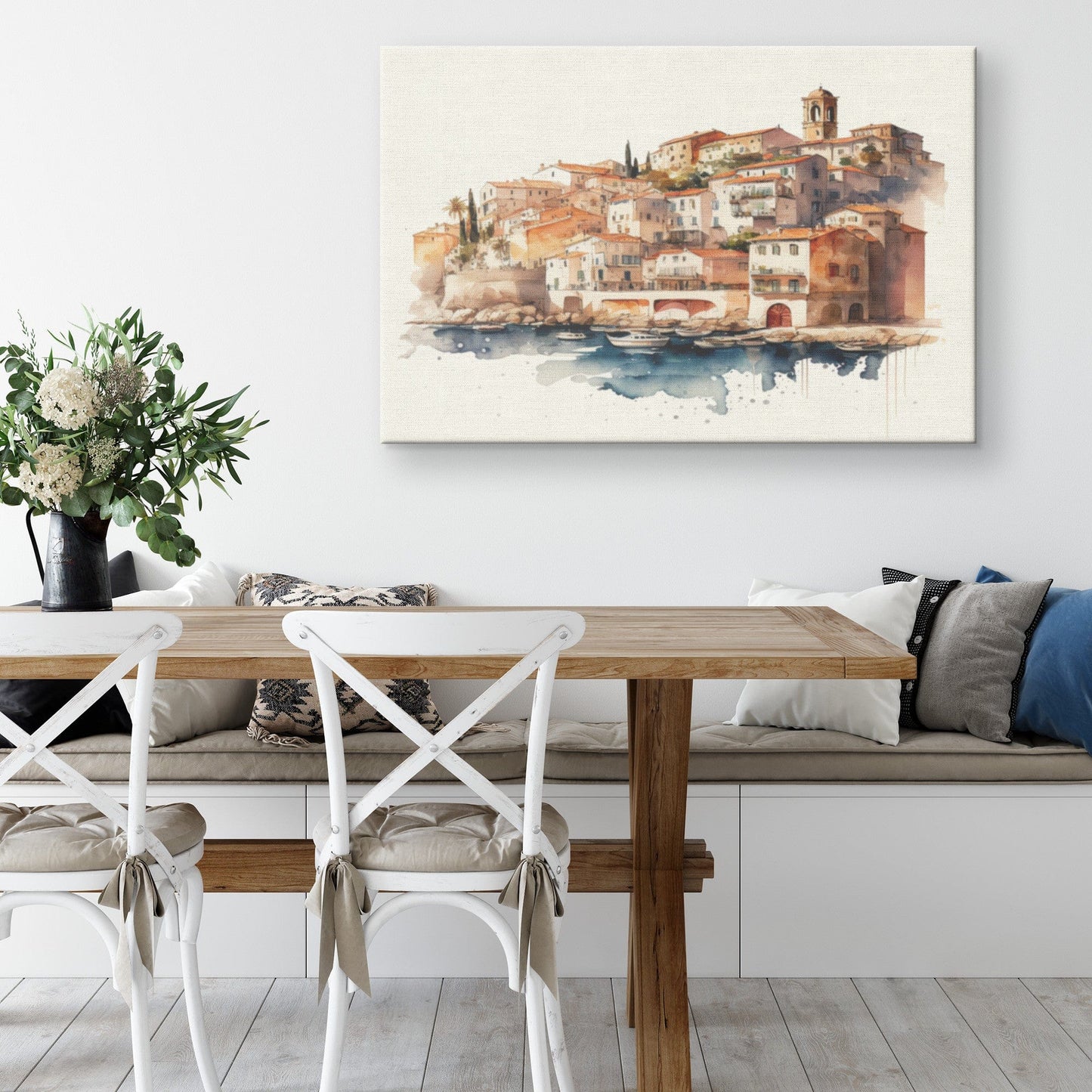 Watercolor  Mediterranean Town Canvas Wall Art