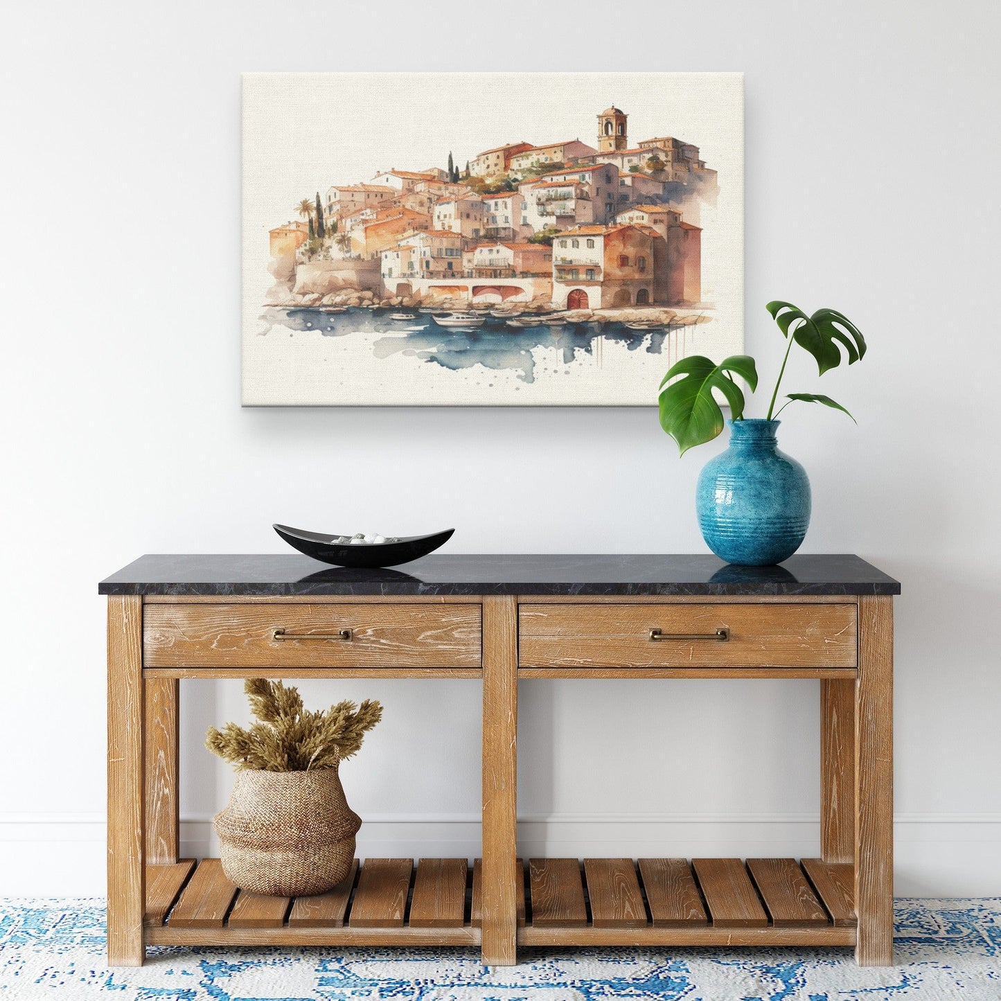 Watercolor  Mediterranean Town Canvas Wall Art