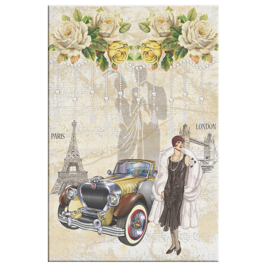 Woman In Paris With Car 1930's Canvas Wall Art