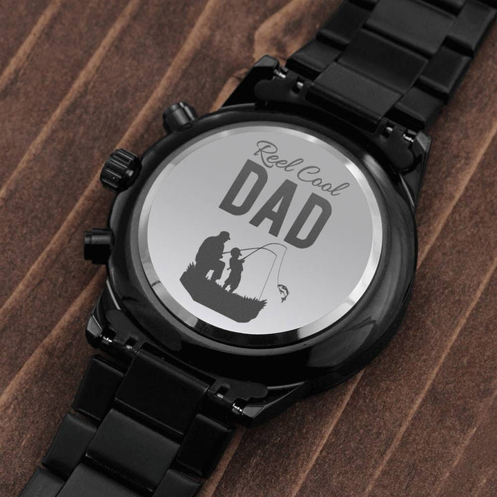 Engraved Watches for Dad / Engraved Design Black Chronograph Watch / Real Cool Dad Watch Design / Fisherman Gifts