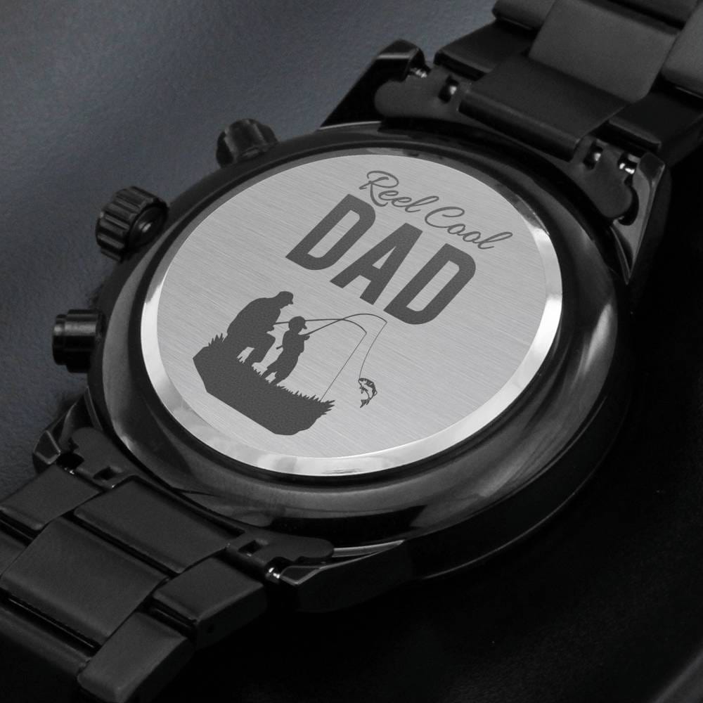 Engraved Watches for Dad / Engraved Design Black Chronograph Watch / Real Cool Dad Watch Design / Fisherman Gifts