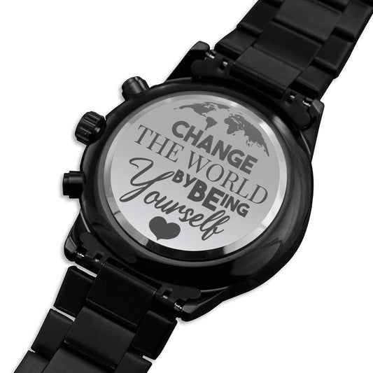 Watch for Son / Change the World By Being Yourself / Engraved Message Watch / Engraved Design Black Chronograph Watch