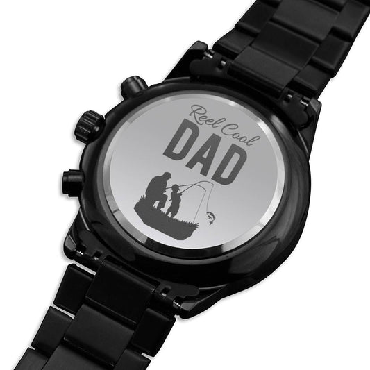 Engraved Watches for Dad / Engraved Design Black Chronograph Watch / Real Cool Dad Watch Design / Fisherman Gifts