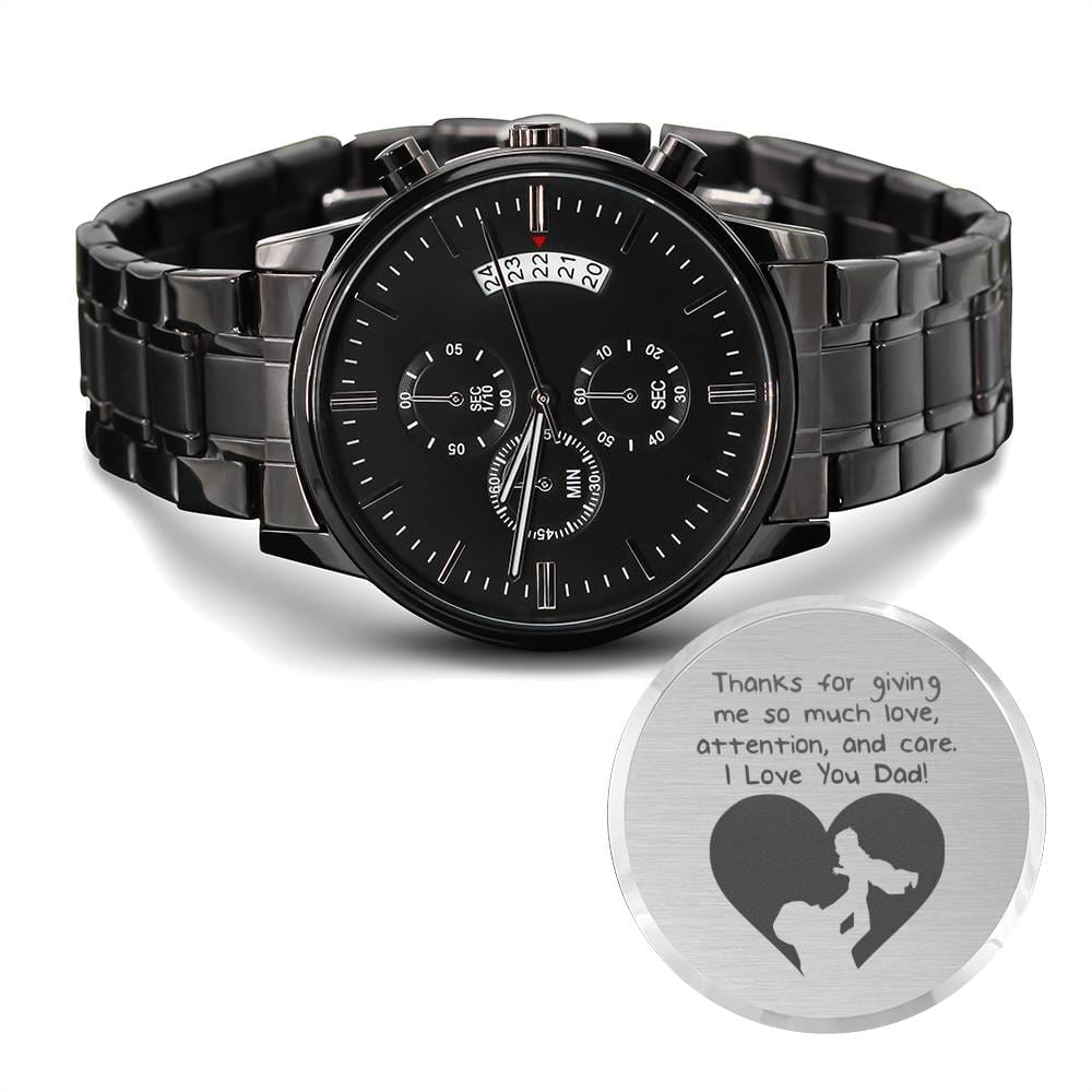 Dad Gifts / Engraved Design Black Chronograph Watch / Engraved Watch Design for Dad / Gifts for Fathers