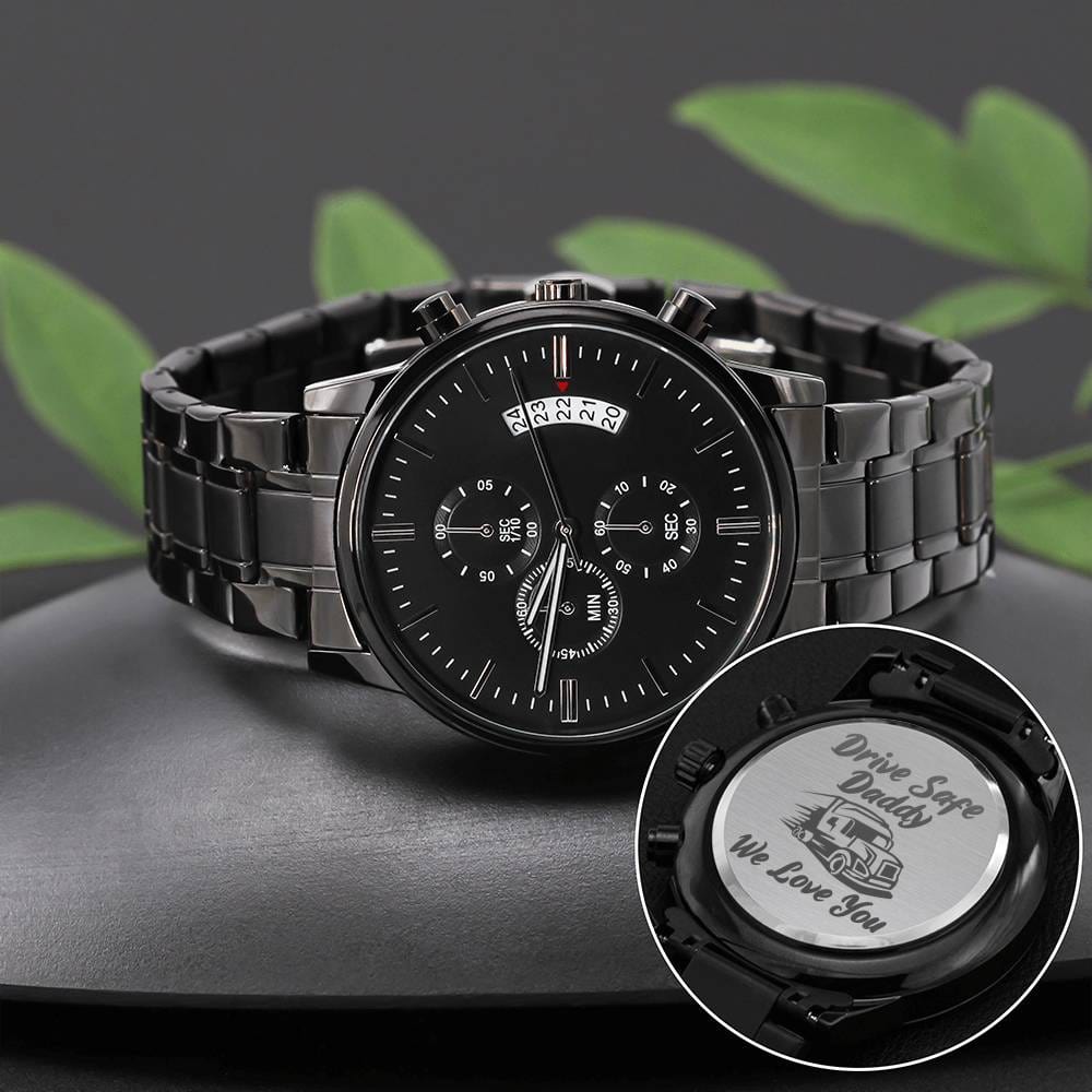 Engraved Watch for Truck Driver Dad / Truck Driver Gift Watch / Engraved Design Black Chronograph Watch