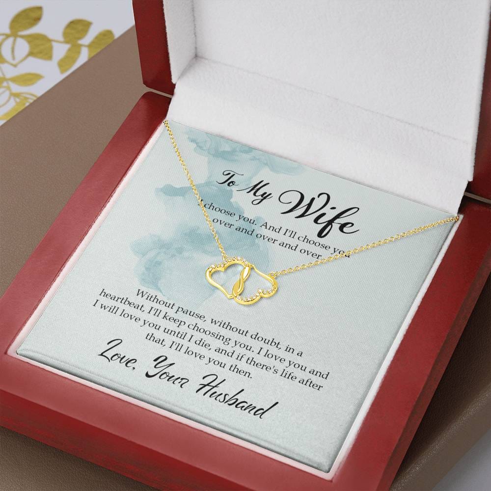 To My Wife-I Choose You Message Card Necklace, To Wife from Husband Gift Necklace, Solid Gold Hearts Necklace with Diamonds