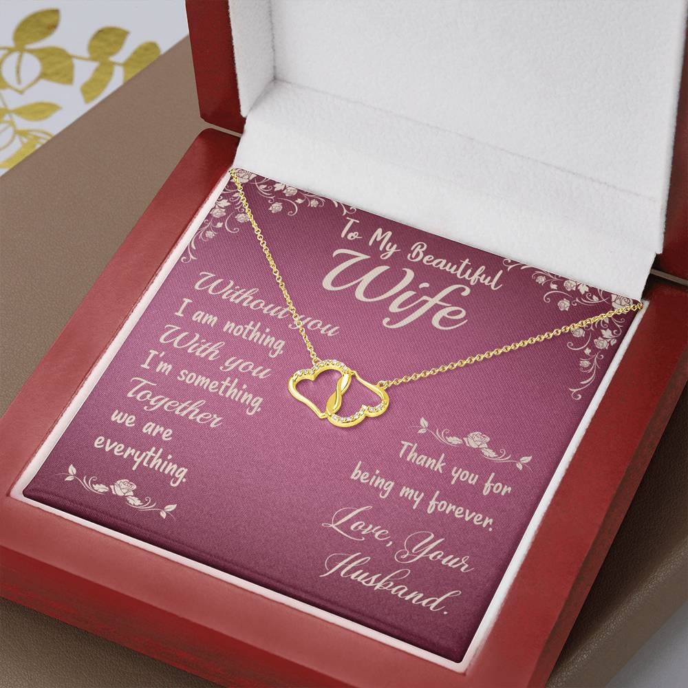 To My Beautiful Wife- Without You I am Nothing Message Card Necklace, To Wife from Husband Gift Necklace, Solid Gold Hearts Necklace with Diamonds