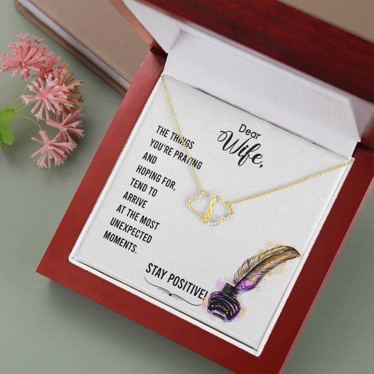 To my Wife-Stay positive Gift Necklace, To Wife from Husband Gift Necklace, Solid Gold Hearts Necklace with Diamonds