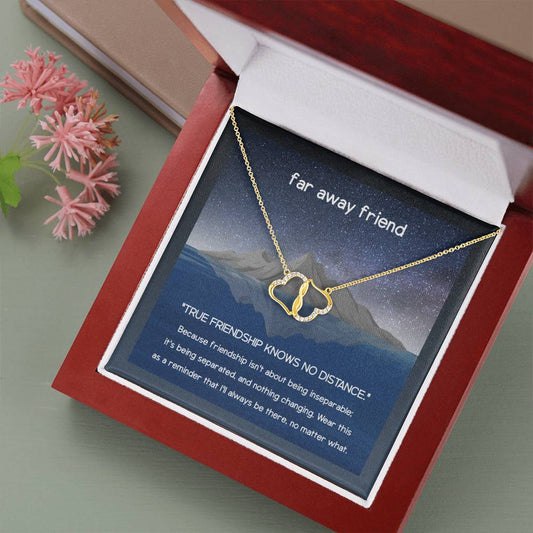 TRUE FRIENDSHIP KNOWS NO DISTANCE - CARD 10K Yellow Gold Hearts Necklace with 18Pave Set Diamonds